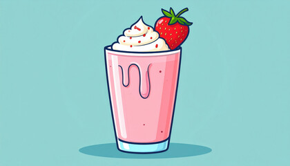 Delicious strawberry milkshake with whipped cream and fresh strawberry on top against light blue background