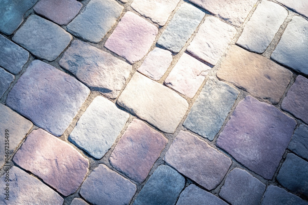 Poster a high-angle shot showcases a textured pavement of rectangular stones, subtly lit, creating a visual