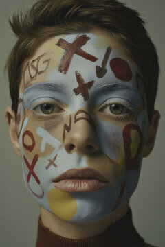 Front-facing young person with face fully painted in geometric and symbolic marks, representing expression, codes and personal identity through conceptual portraiture.