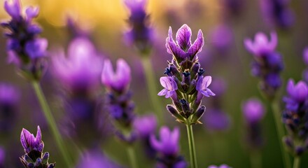 Fototapeta premium Delicate Purple Lavender Flowers in Soft Focus; Dreamy Botanical Background, Gentle Blooms
