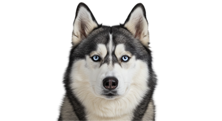 Close up portrait of a husky with black and white fur against a plain white studio background image view