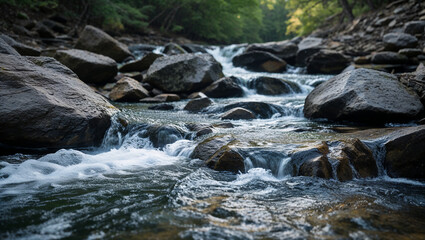 Fresh water cascading down a rocky stream in the forest