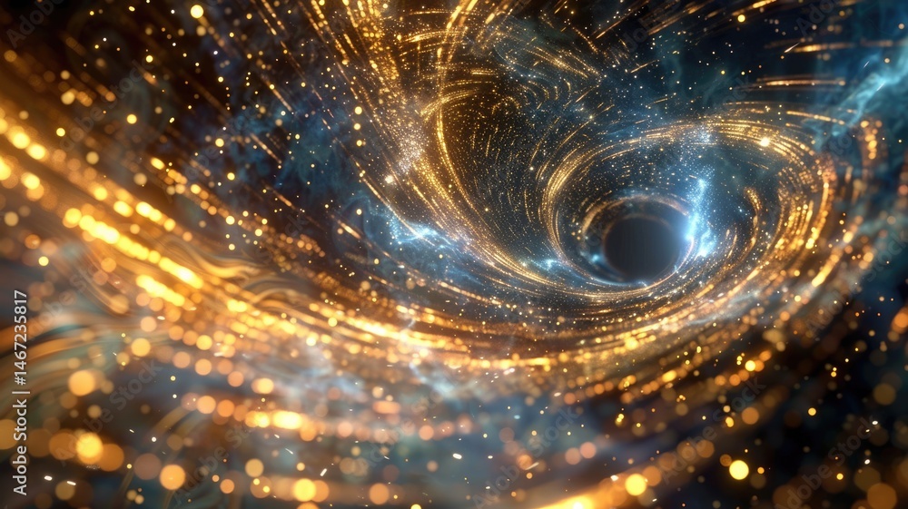 Poster Abstract of particles glowing vivid light with fractal style effect. Futuristic style vortex scene and vividness of color seamless pattern in space. Spiral on universe scene perfect for design. AIG53.