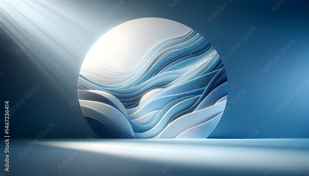 Poster a stylized abstract sculpture with layered waves sits in a spotlight, bathed in soft blue light with