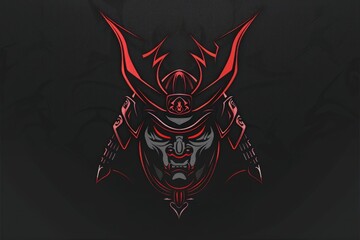 Image of a menacing samurai helmet in black and red. Logo design of japanese male warrior staring at camera while wearing samurai hat. Warrior and strength concept for design and print. AIG51.