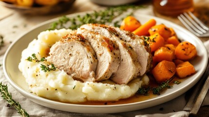 Sliced roasted turkey breast served with mashed potatoes and roasted carrots.