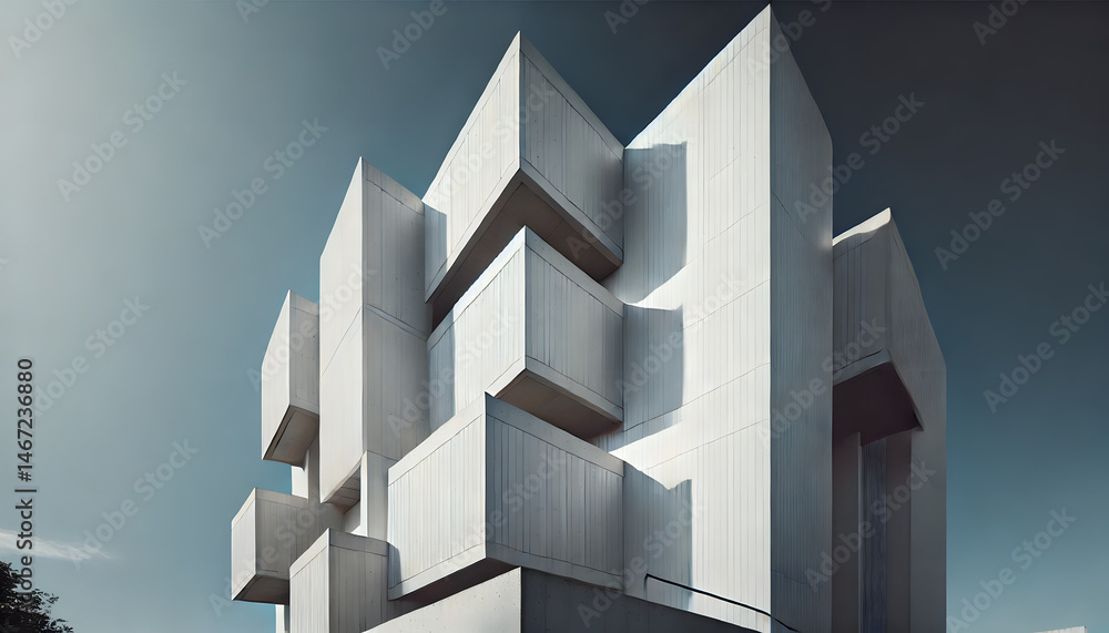 Poster modern building with clean cubic concrete shapes stacked in an architectural composition under a cle