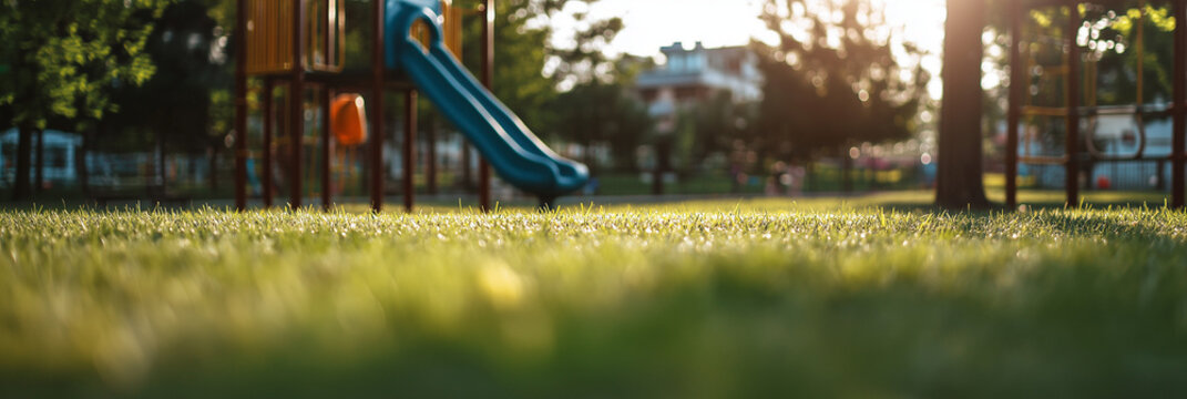 A scenic field of fresh green grass in sharp focus with a children&rsquo;s playground softly blurred in the background, peaceful atmosphere in a family-friendly outdoor park  area.