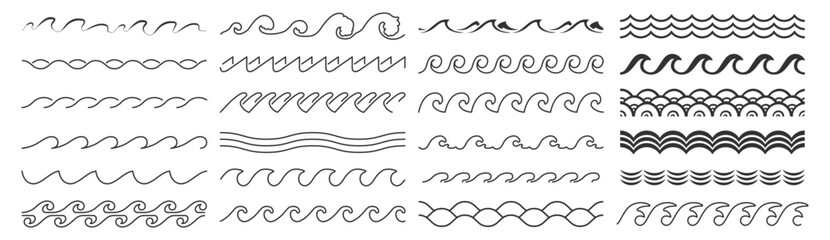 Wave Icons Set. Vector Water Wave Patterns, Wavy Lines, Curves, Sea and Ocean Elements Collection Isolated on Transparent Background