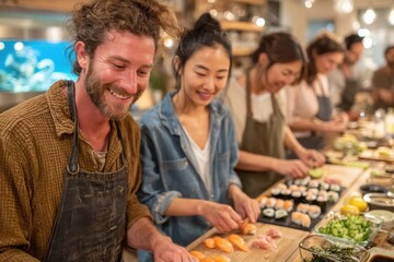 People creating various types of sushi rolls, preparing fresh ingredients for sushi making in a bright kitchen with friends