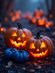 Fototapeta premium Festive Halloween Scene with Jack-O'-Lanterns and Blue Pumpkins on a Vibrant Background