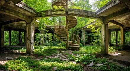 Fototapeta premium Overgrown Concrete Ruins with Spiral Staircase; Nature's Reclamation of Abandoned Structure