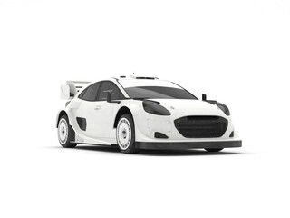 Obraz premium All white modern rally car template isolated on white background. 3D illustration. Front and right view.