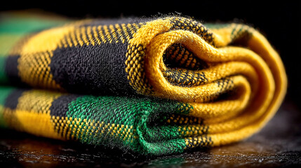 Rolled checkered fabric, vibrant colors and texture. Warm and cozy. Detailed shot with shadows and depth