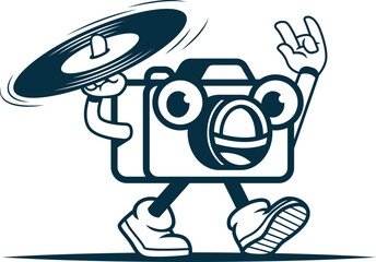 camera character mascot carrying a vinyl record logo vector illustration