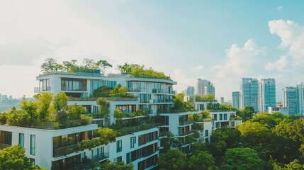 Fototapeta premium Eco-Friendly Modern Apartment Building with Lush Green Rooftop Gardens