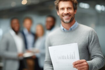 Smiling professional with chart poses alongside African American colleagues inside modern office setting