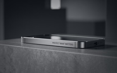 Smartphone with inscription PROTECT WHAT MATTERS on stone surface