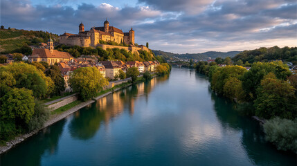 Fototapeta premium Scenic castle perched atop a hill, with a river flowing through a quaint town below a vibrant sunset