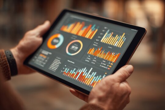 Person holds tablet displaying charts, graphs for statistical analysis and performance review of financial market data