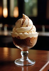 A glass bowl filled with a colorful dessert sits on a wooden table, inviting and ready to be enjoyed