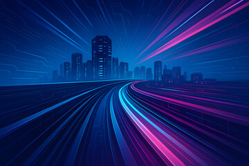 Stylized illustration of a glowing speedway curving toward a high-tech cityscape, with motion trails and neon light effects..