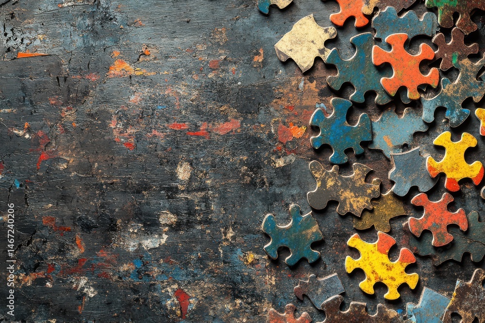Poster scattered puzzle pieces on a dark textured surface with visible paint and color variations around th