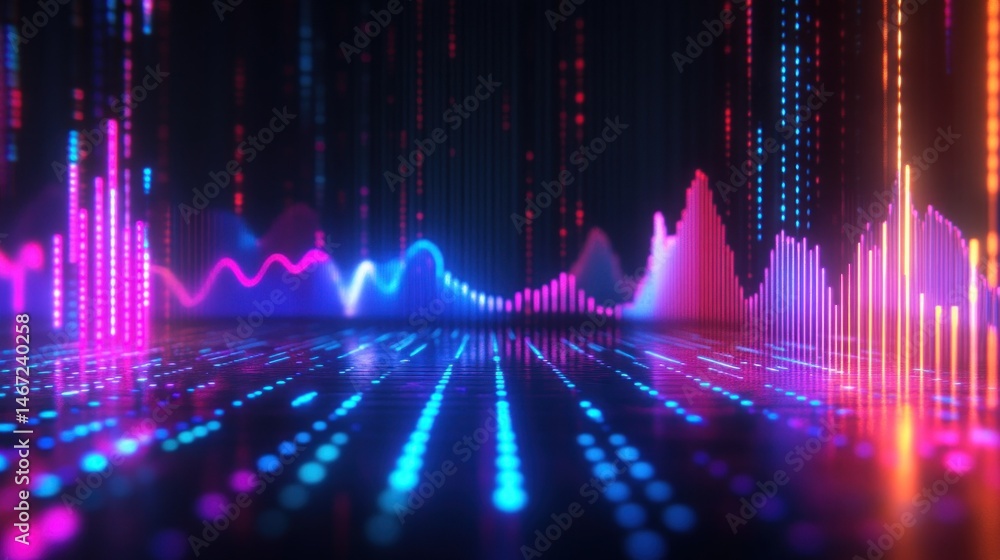 Poster abstract colorful neon light wave data visualization on dark background.