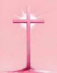 A glowing cross on a pink background, radiating bright light, symbolizing hope and spirituality