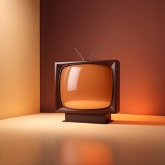 3D render of a vintage TV with an orange backdrop, showcasing retro design elements