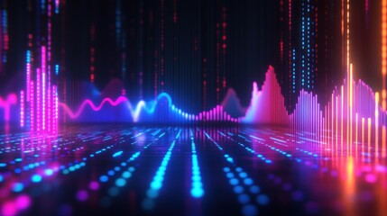 Abstract colorful neon light wave data visualization on dark background.