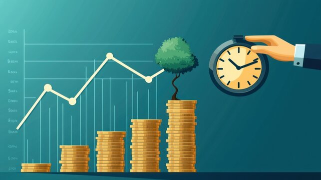 Financial growth over time.  A hand controls the growth of money with time