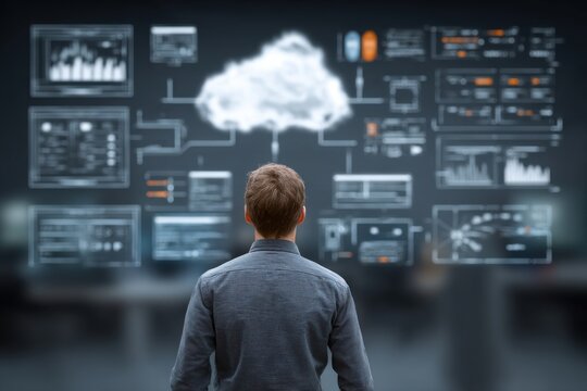Man viewing interface of cloud network displaying data charts, diagram, and graphs on a futuristic virtual screen - Powered by Adobe