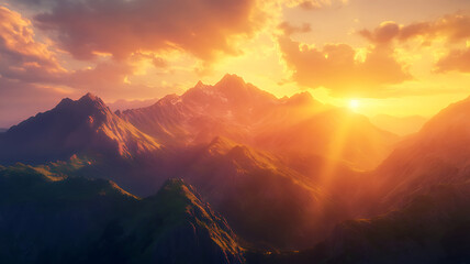 Obraz premium Majestic Sunset Over Mountain Peaks A Breathtaking Landscape Photo