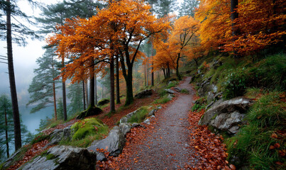 Scenic trail winding through colorful autumn forest with vibrant foliage and natural beauty