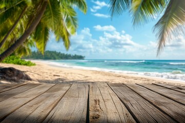 Tropical beach boardwalk, sunny day, palm trees, ocean view