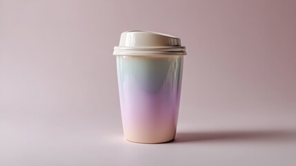 Rainbow Coffee Cup in Pastel Dreamscape: This elegant, minimalistic shot highlights a coffee cup, bathed in a gradient of soft, pastel hues, against a similarly colored background.
