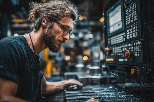 Man operating CNC milling machine control panel in fabrication shop for metal part manufacturing with focus - Powered by Adobe
