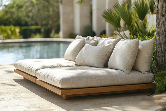 Relaxing outdoor daybed with beige cushions and wooden frame, positioned beside a swimming pool.