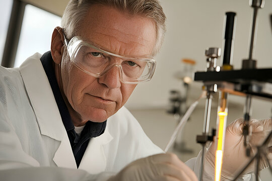 Portrait of a Senior Male Scientist in a Lab Coat Conducting an Experiment