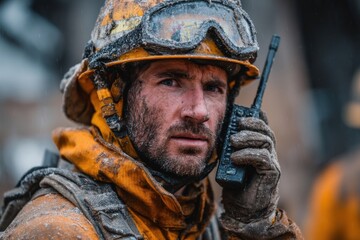 Obraz premium Focused Forest Firefighter Holding Radio Communicator Wearing Protective Helmet and Goggles During Emergency Response