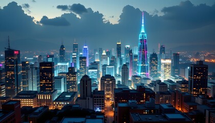 Cityscape at night featuring futuristic hologram display showcasing urban environment