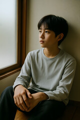 Fototapeta premium A young teenage boy sitting on the floor by a frosted window, gazing outside with a reflective and introspective expression..