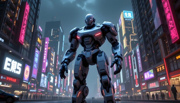Imposing juggernaut robot standing in a city environment representing a futuristic landscape