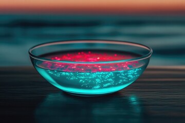 A glass bowl filled with a vibrant, glowing liquid, showcasing a mesmerizing blend of red and teal hues against a blurred ocean sunset backdrop.