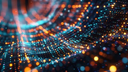 Obraz premium Abstract picture micro light sparkling particle represent data flow vivid flowing wave with high tech background, create digital effect scene perfect for energetic and fantasy wallpaper design. AIG53.