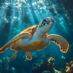 Fototapeta premium Sea Turtle Gracefully Swimming in Clear Ocean Water with Sunbeams
