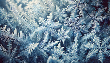 A stunning close-up of intricate ice crystals forming delicate snowflakes, showcasing their unique geometric patterns and frosty winter beauty.