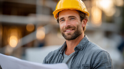 Smiling construction worker, wearing a yellow helmet, holding blueprints. Looking ahead on site
