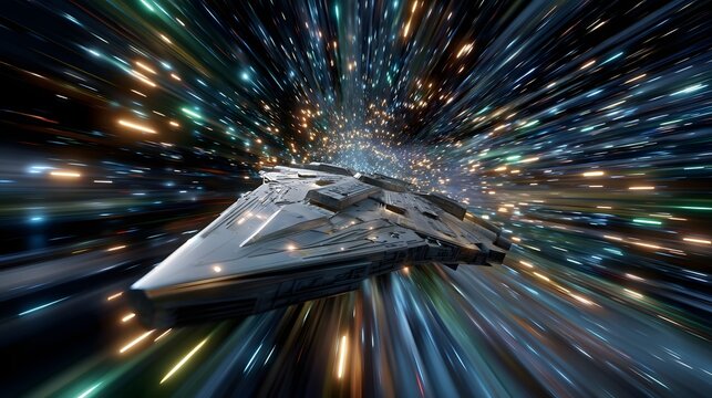 Futuristic spacecraft entering a dynamic wormhole tunnel surrounded by cosmic energy